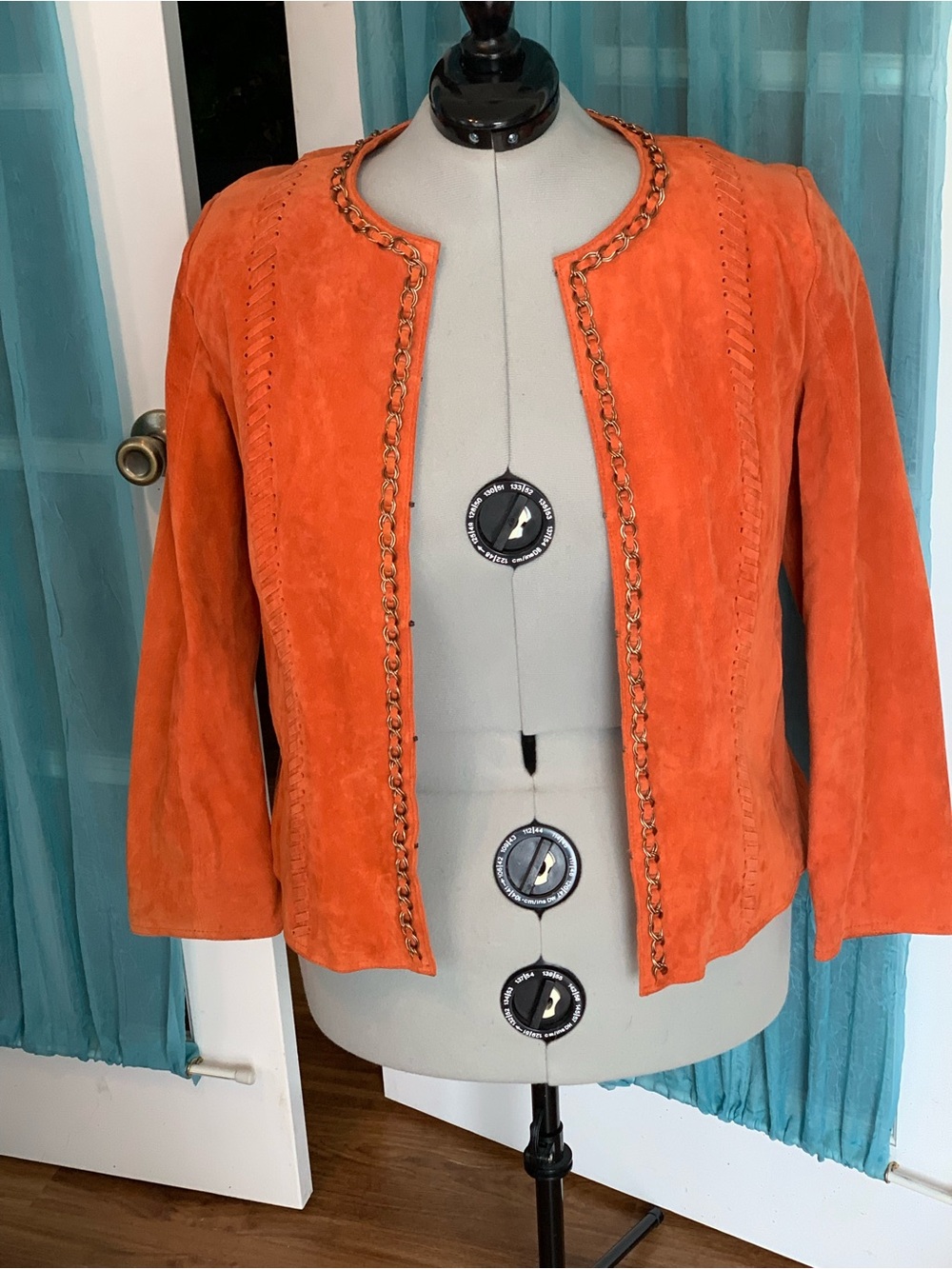 Vintage 1990s Orange Suede Chain-Trim Jacket Sz XL chest 44 boho hippie groovy